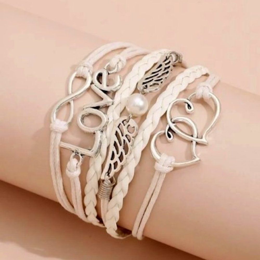 INFINITY LOVE WING PEARL DOUBLE HEART SILVER LEATHER LAYERED BRACELET IN WHITE